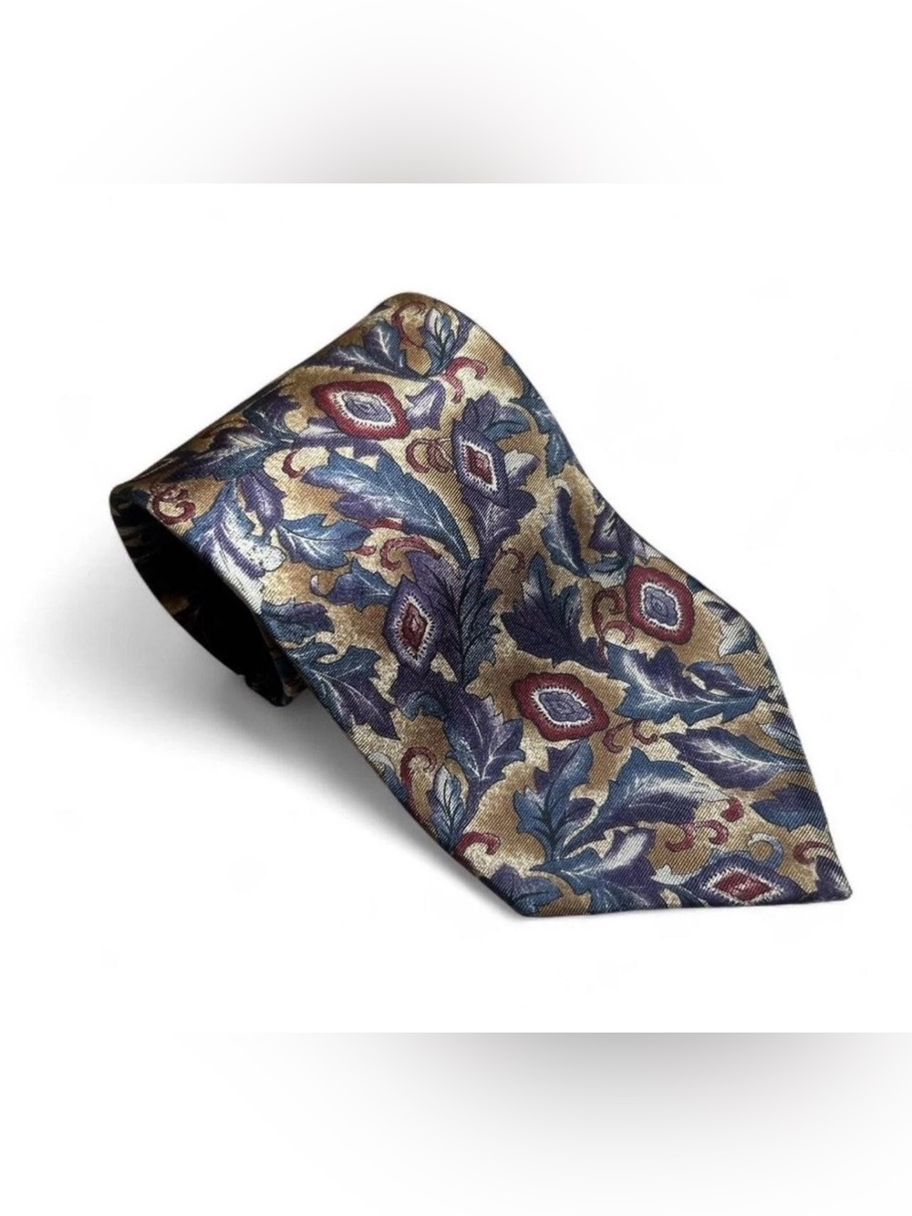 Vintage Christian Dior Monsieur Silk Tie Mens Gold Navy Blue Floral Leaf VTG